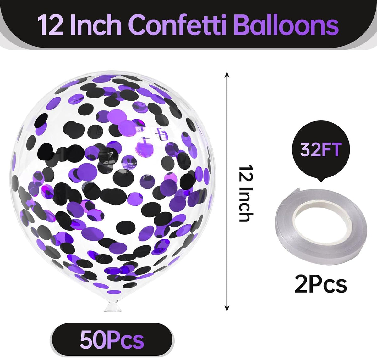 50pcs Purple and Black Foil Confetti Balloons,12 inch Latex Balloon with Purple Black Confetti