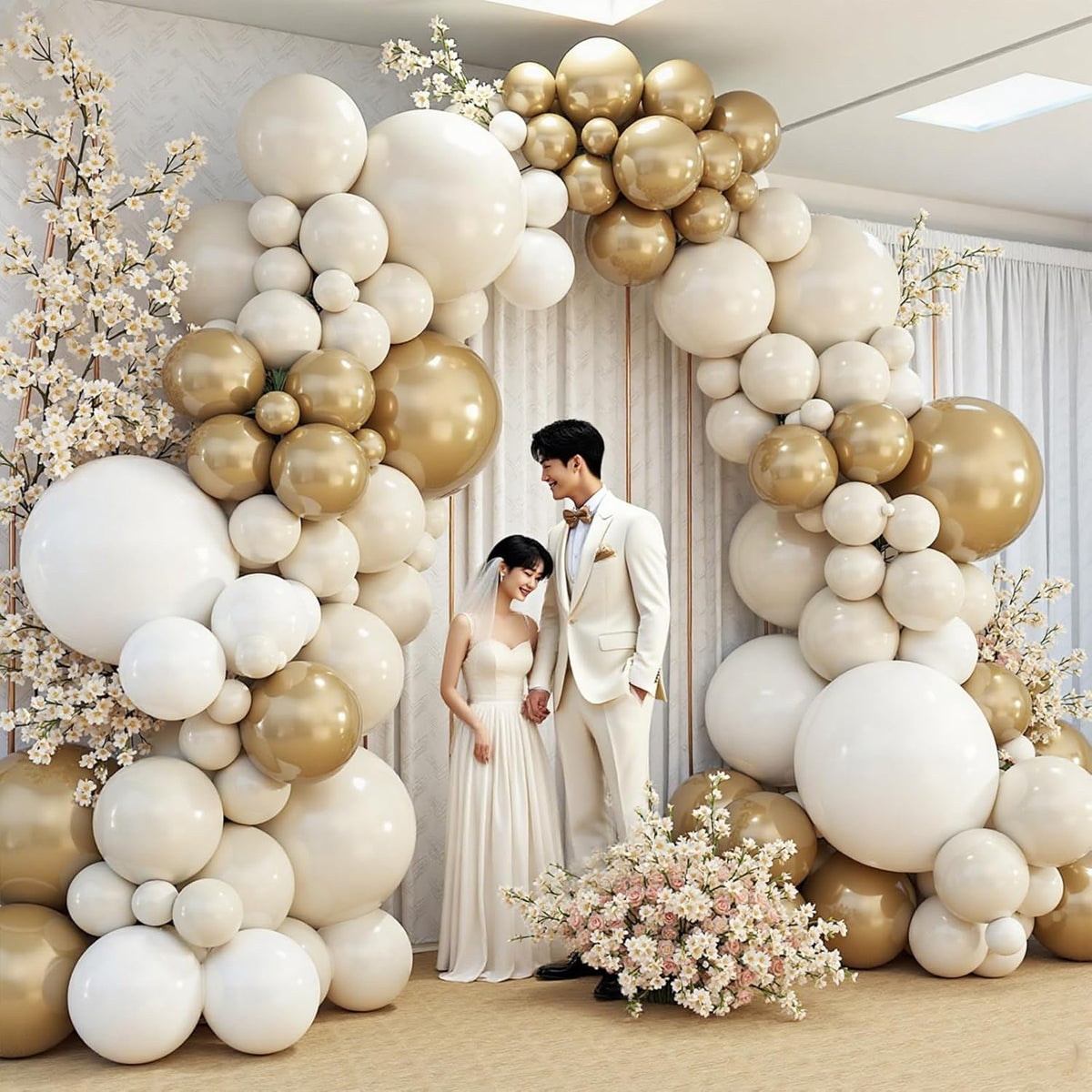 412pcs Sand White Gold Balloon Arch Kit, 18 12 10 5 Inch Different Size White Metallic Gold Latex