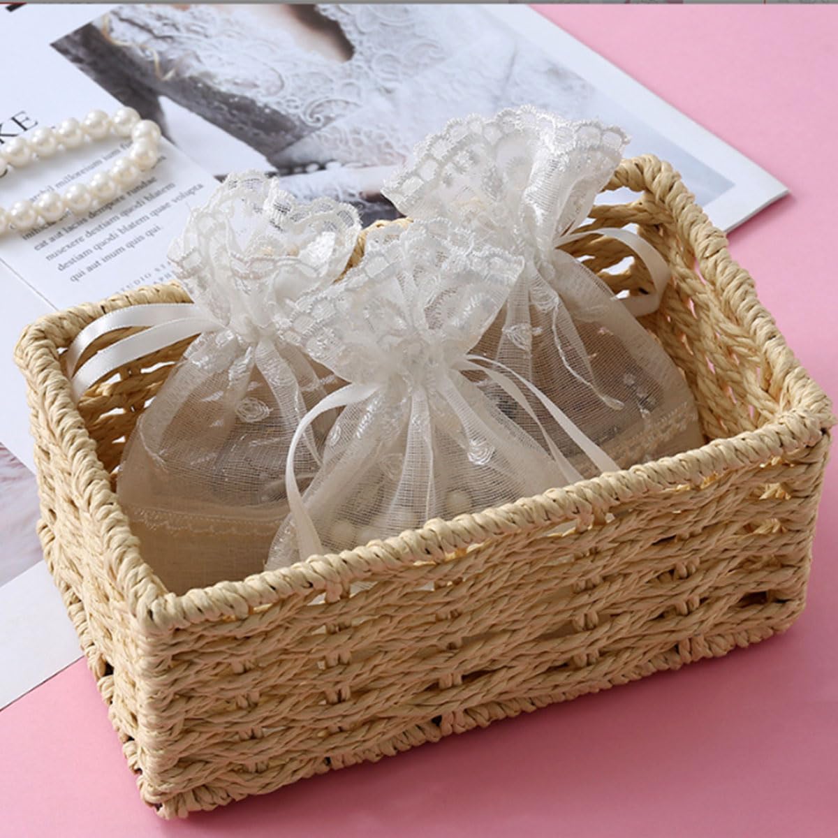Ewanda store 20Pcs Lace Organza Drawstring Bags Five Petal Flower White Lace Bag for Wedding