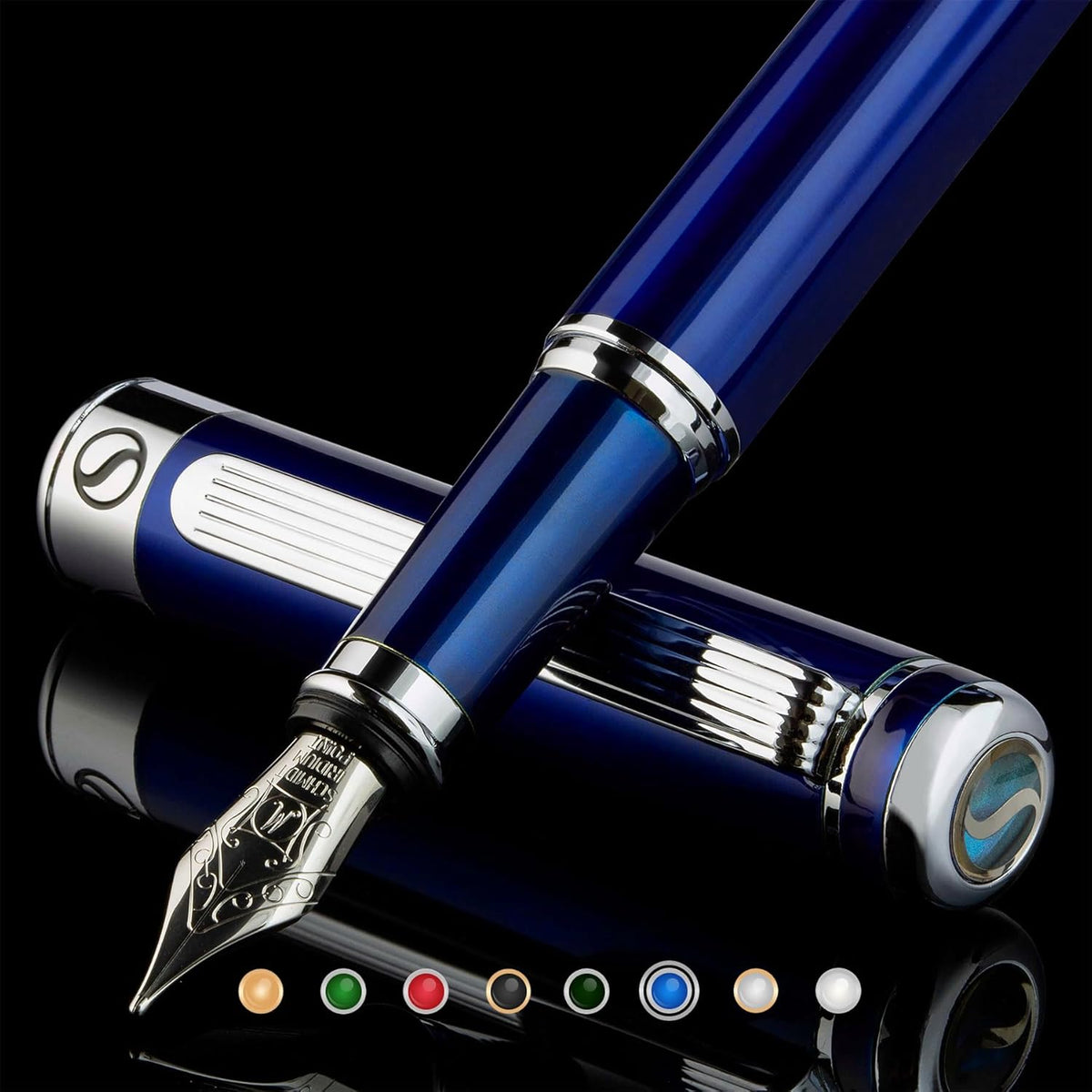 Scriveiner Midnight Blue Fountain Pen - Stunning Luxury Pen with Chrome Appointments, Schmidt Nib