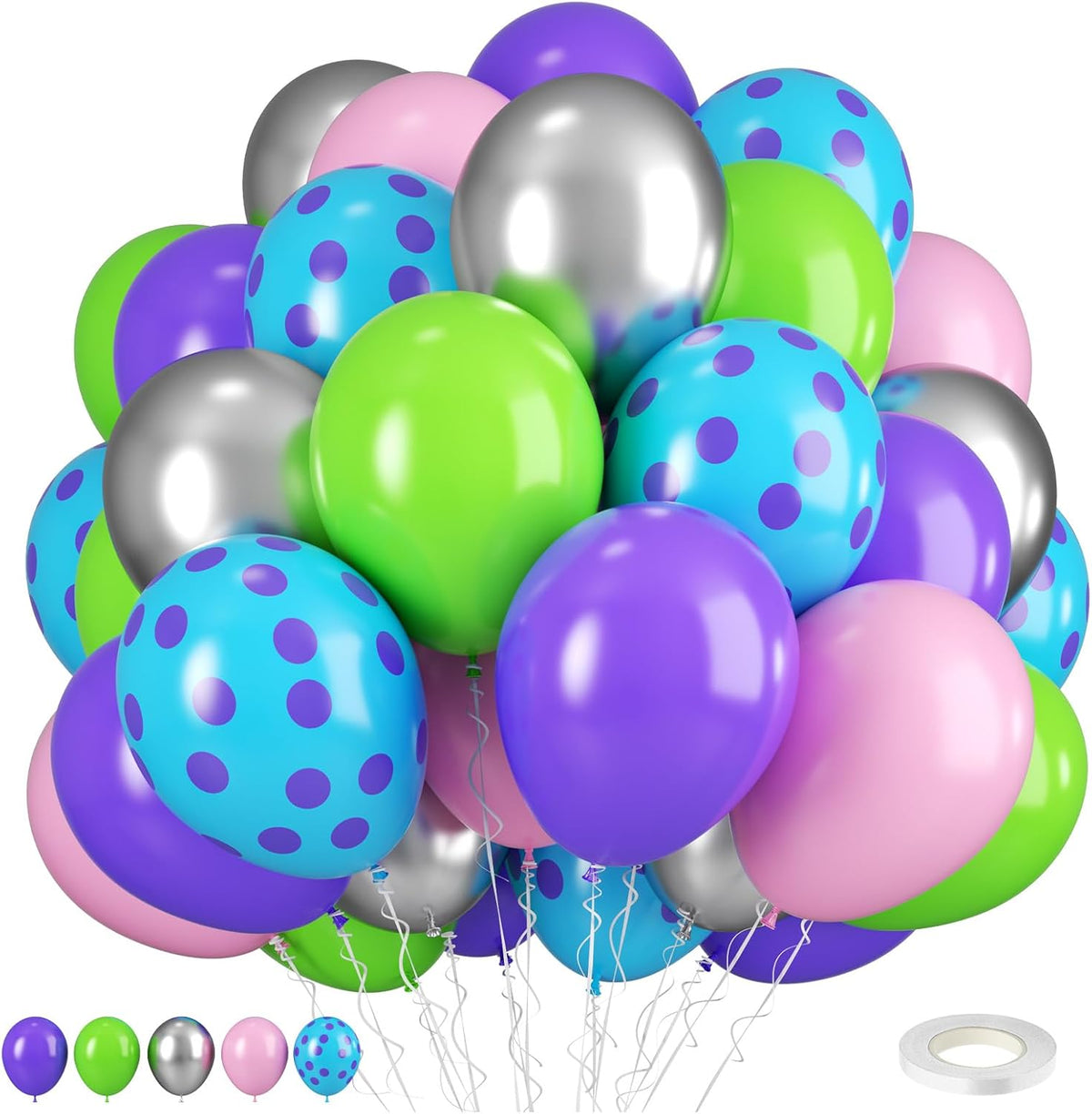 Pink Blue Purple Balloons, Pack of 50 12 inch Balloon with Metallic Silver Purple Teal Green