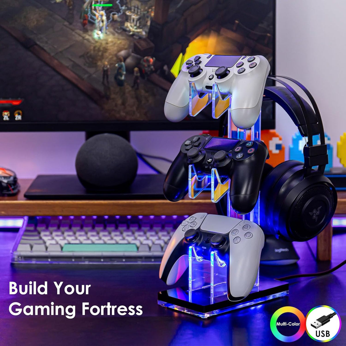 OAPRIRE Controller Holder Headset Stand with Lights, 3 Tier Acrylic Gaming Controller Stand for
