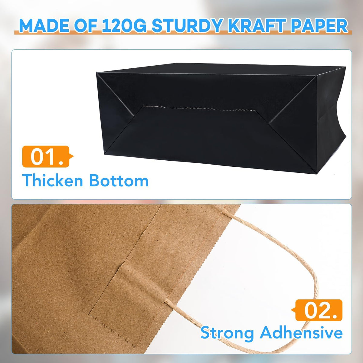 BURVAGY 16x6x12 Inch 100 Pcs Kraft Paper Bags with Handles Bulk, Kraft Shopping Black Large