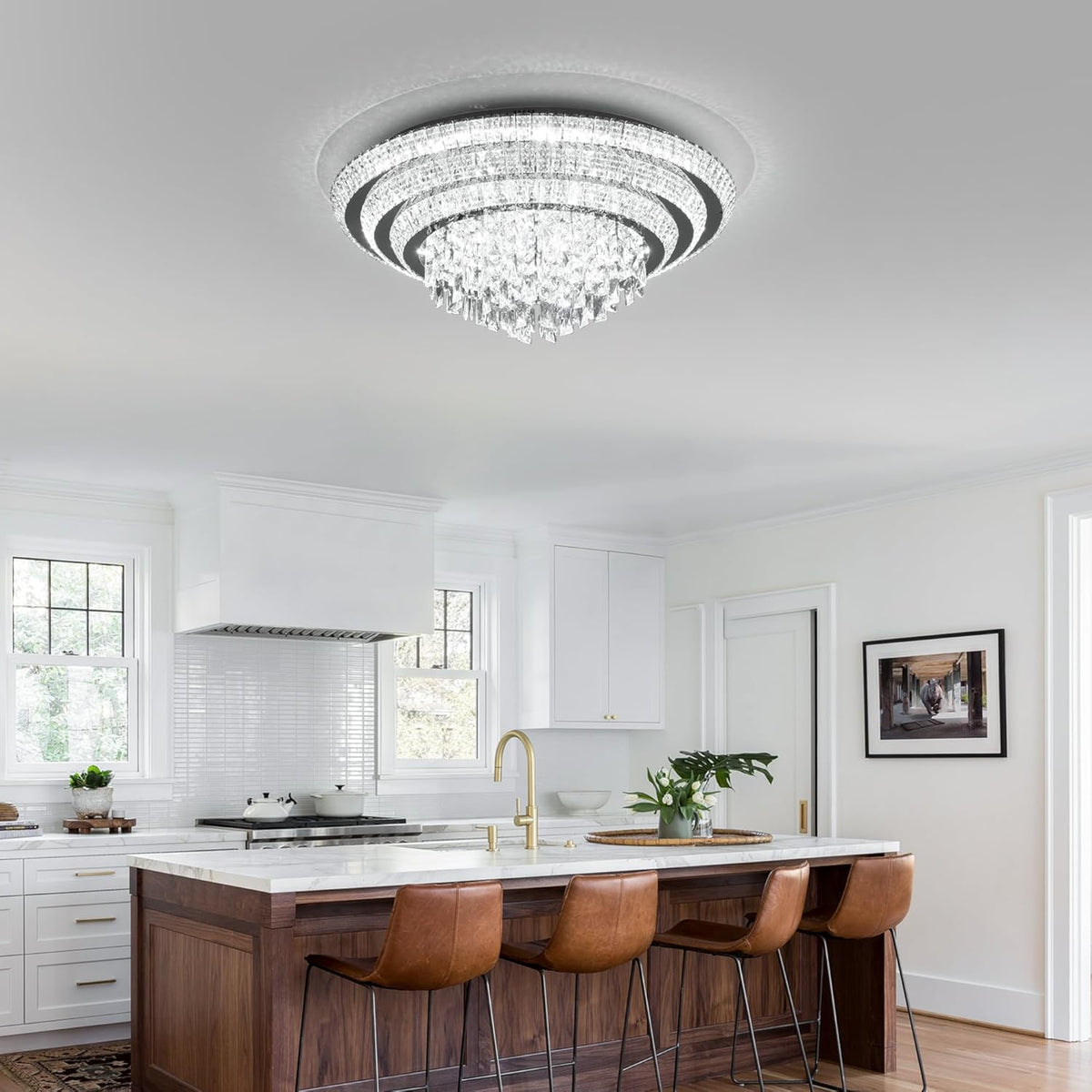 30 inch Crystal Silver Ceiling-Light Flush Mount with Remote Control and APP, 3CCT Dimmable &