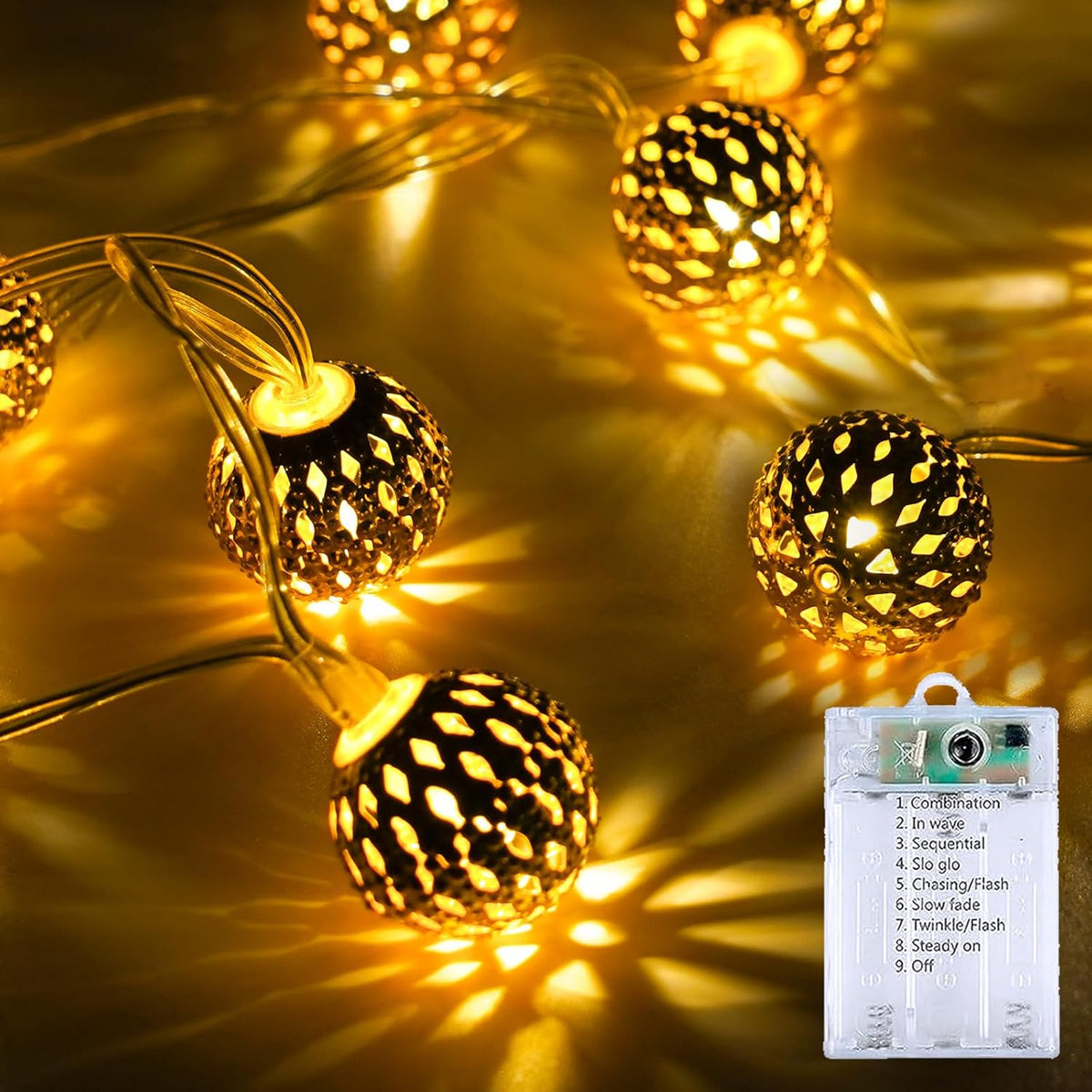 LORRYTE Moroccan String Lights Outdoor Battery Operated, 60 LED 36 FT Globe Fairy Lights with 8