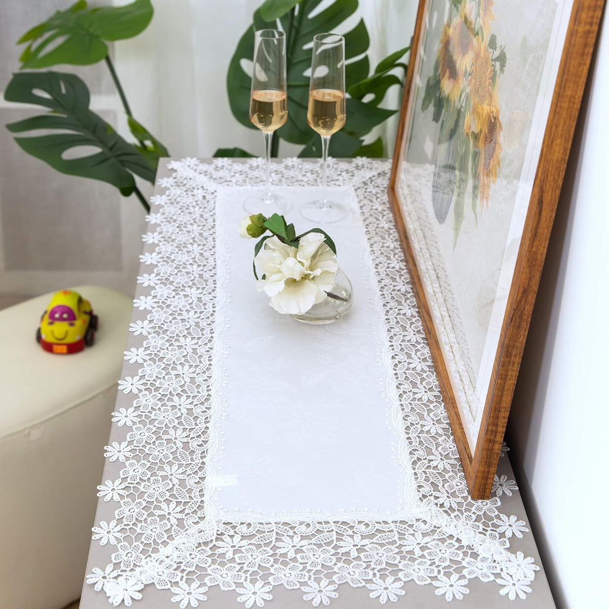 White lace Premium Rectangle Farmhouse Table Runner Waterproof OilProof SpillProof AntiShrink Soft