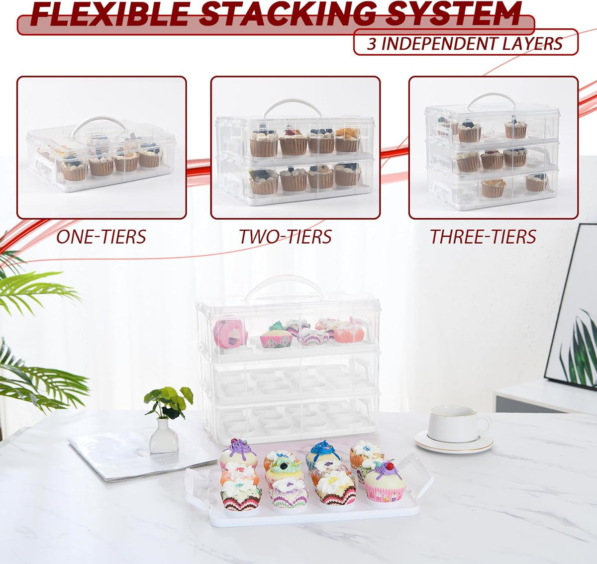 Cupcake Carrier, 3-Tiers Cupcake Containers, Holds 36 Cupcakes or 3 Large Cakes, Cupcake Holder