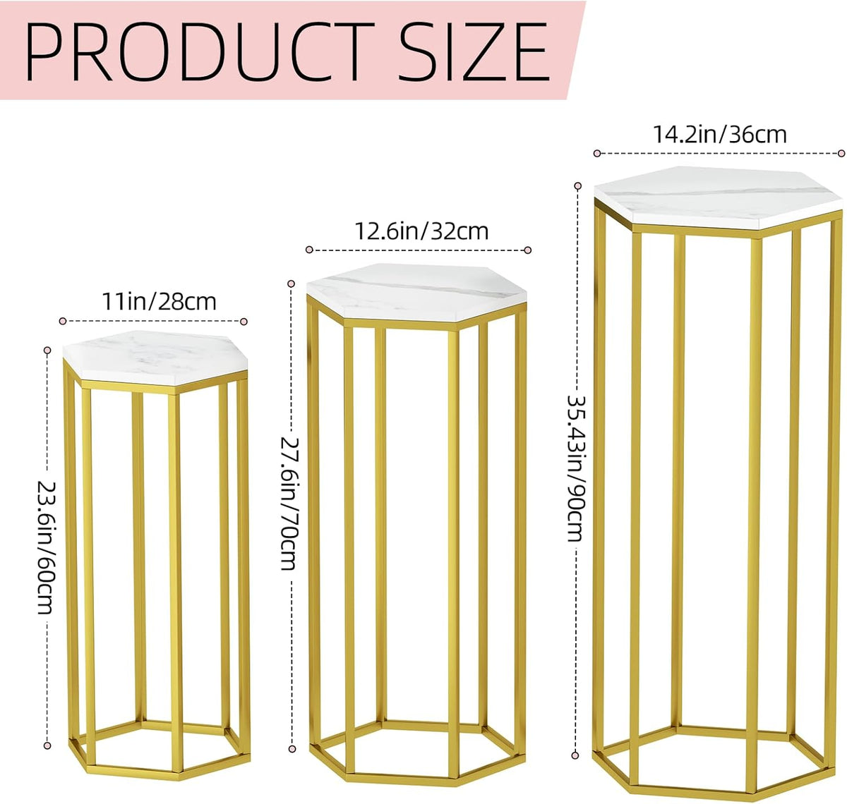 Urban Deco Cylinder Stands for Party, Set of 3 Gold Metal Hexagon Cake Pedestal Stand with Marbled