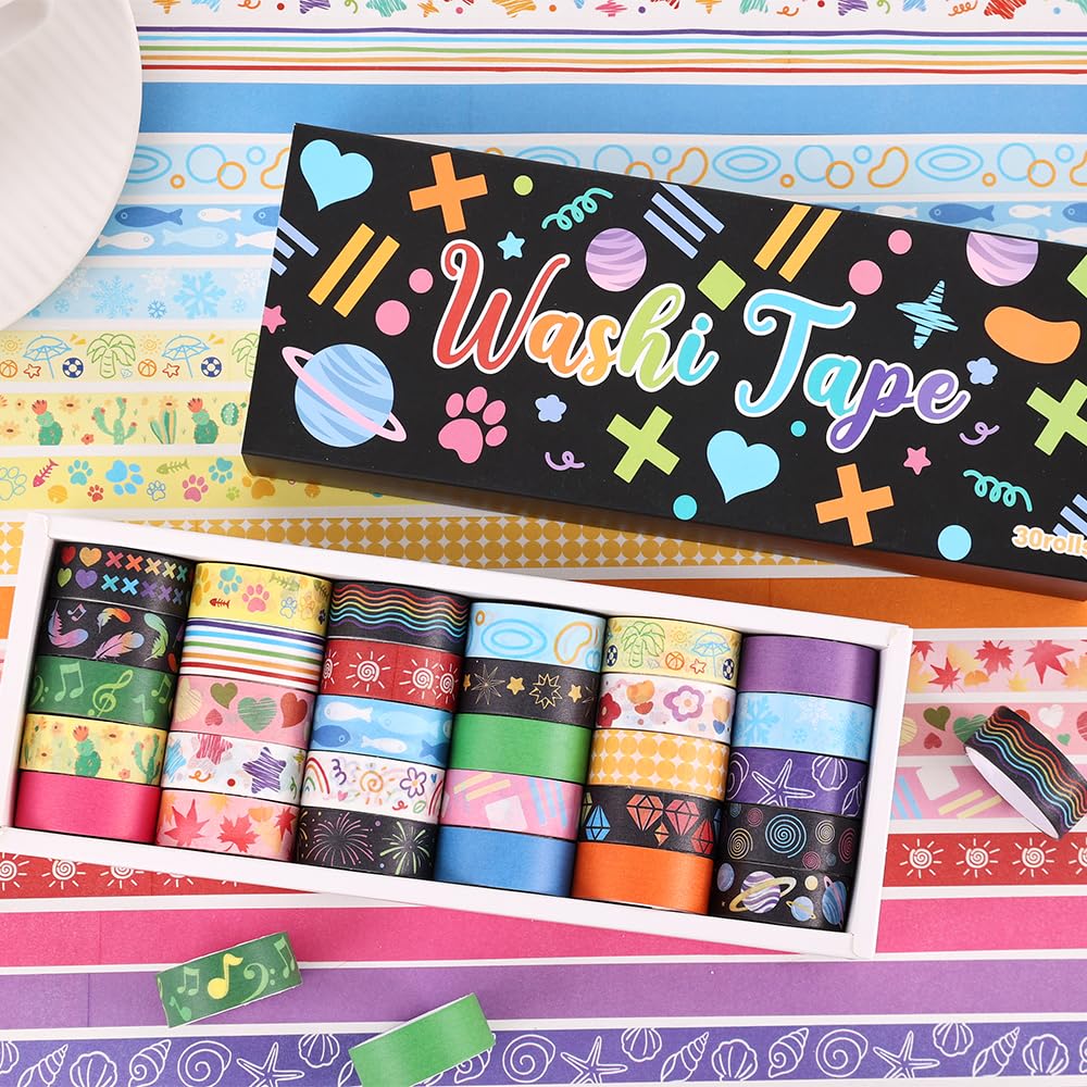 30 Rolls Colorful Theme Washi Tape Set with Different Colorful Patterns, Writable Decorative Tapes