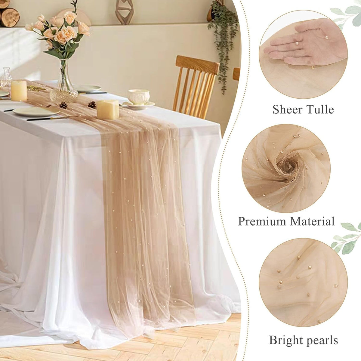 Set of 6 Pearl Table Runner 29 x 120 Inch Tulle Fabric Lace Table Runners Boho Rustic Tablecloth