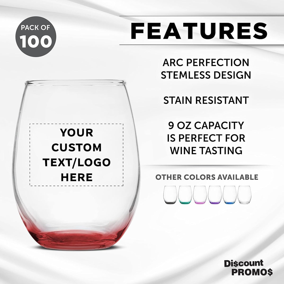 Custom Stemless Wine Glass 9 oz. Set of 100, Personalized Bulk Pack - Great for Wedding Favors