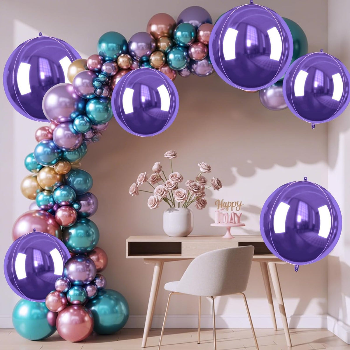 Purple Giant 4D Foil Balloons, 6 Pcs Large Dark Purple Metallic Round Balloons, 22 Inch Big Round