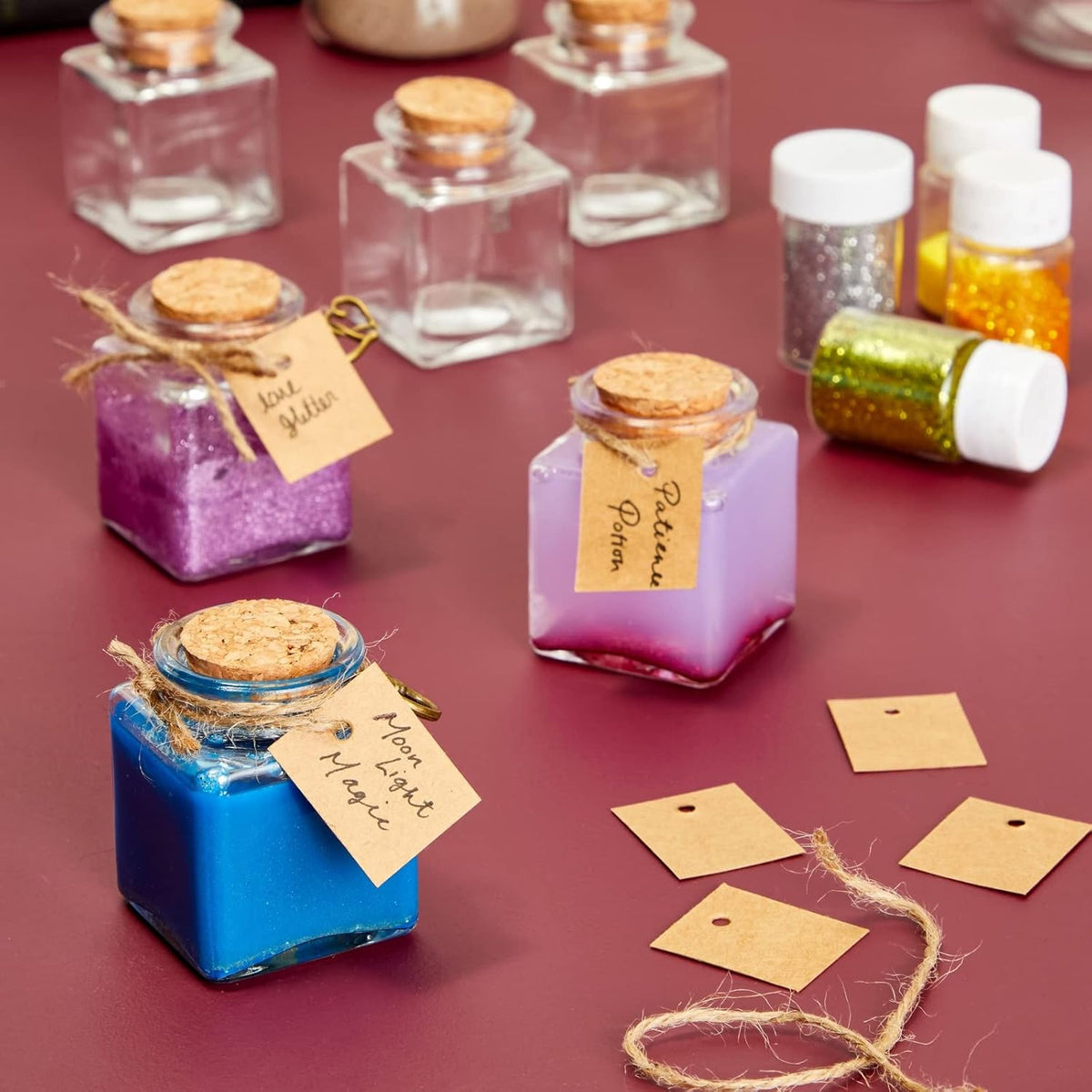 BLUE PANDA 15 Pack Small Glass Bottles with Cork Stoppers - Mini Jars with Cork Lids, Twine, and