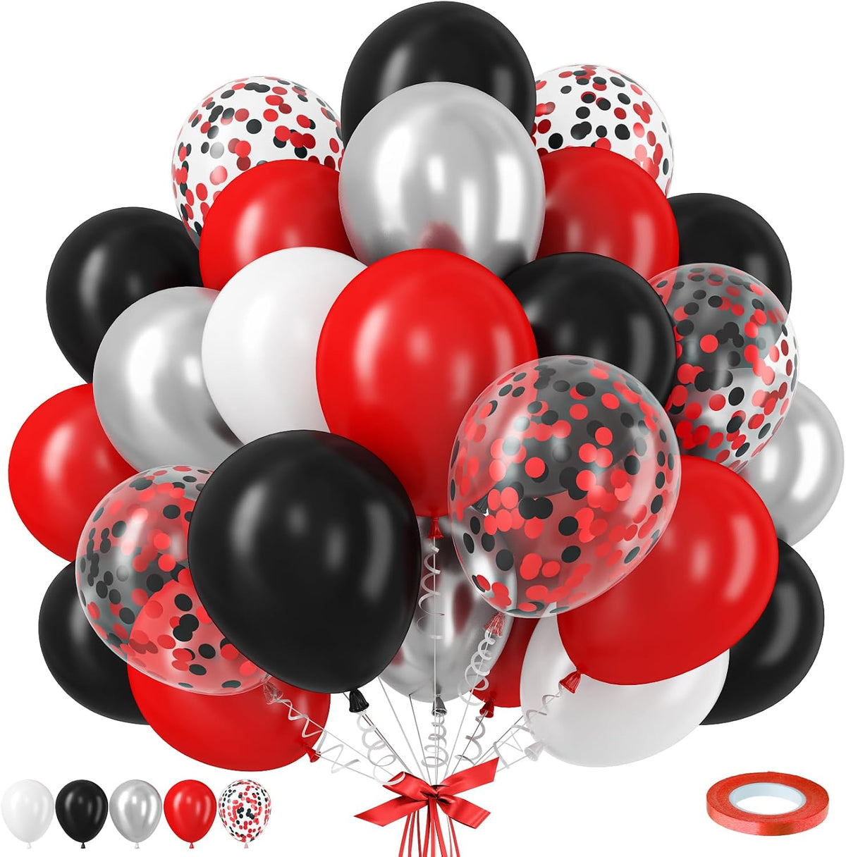 Black Red Balloons, 12 Inch Black Red White and Silver Latex Balloons with Confetti Balloon Party