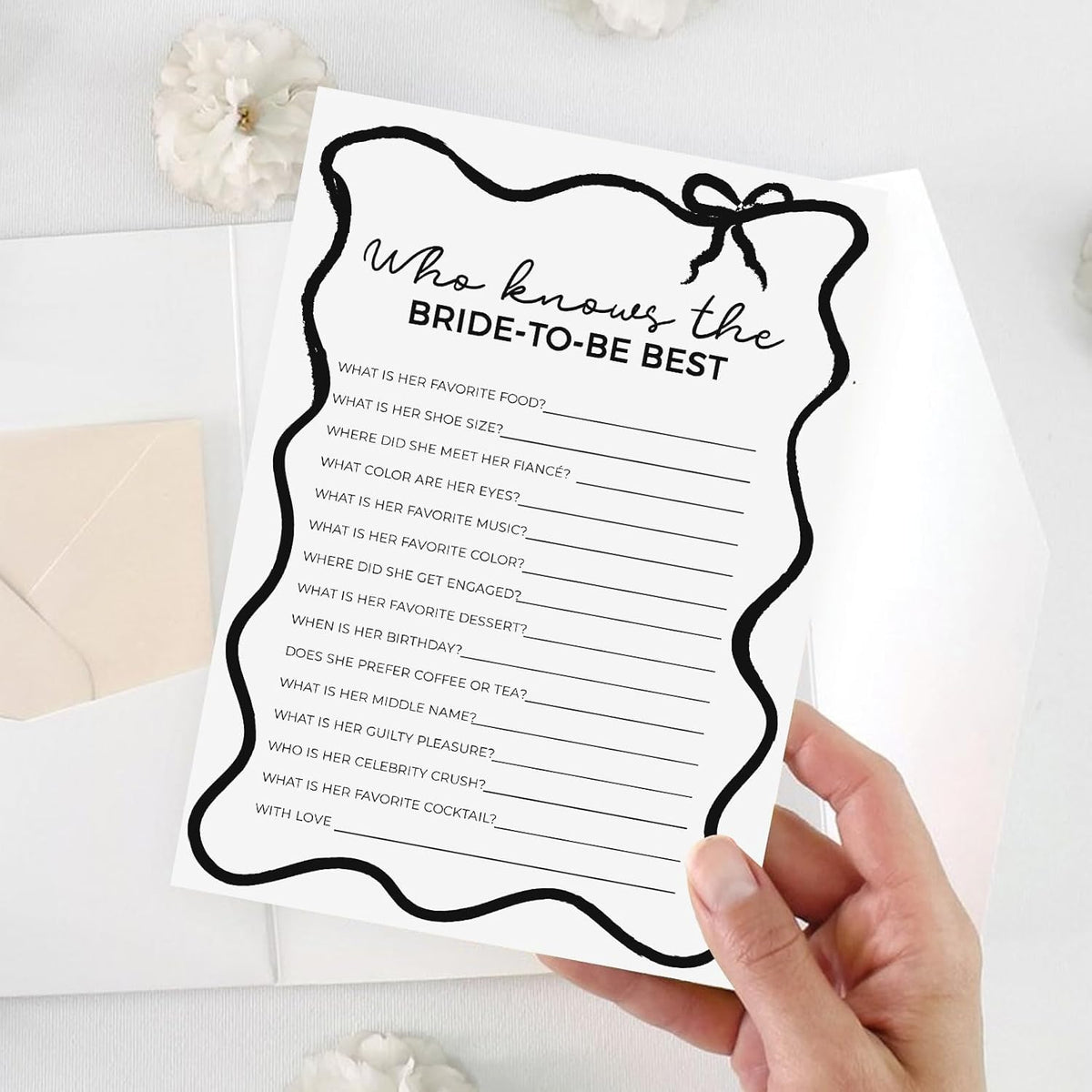 DEEKA 30 PCS Bridal Shower Games Card for 30 Guests Black Wavy Border Ribbon Bow Funny Wedding