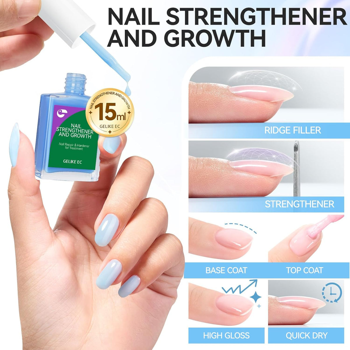 Nail Polish Strengthener and Growth Treatment: Azure Blue 15ml Gelike EC 6 in 1 Natural Nail