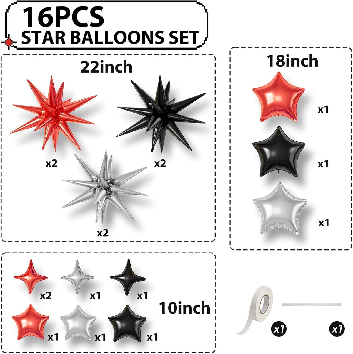 16 Pcs Red Black Silver Star Balloons,22/18/10 Inch Foil Balloons, Four-Pointed Balloon for