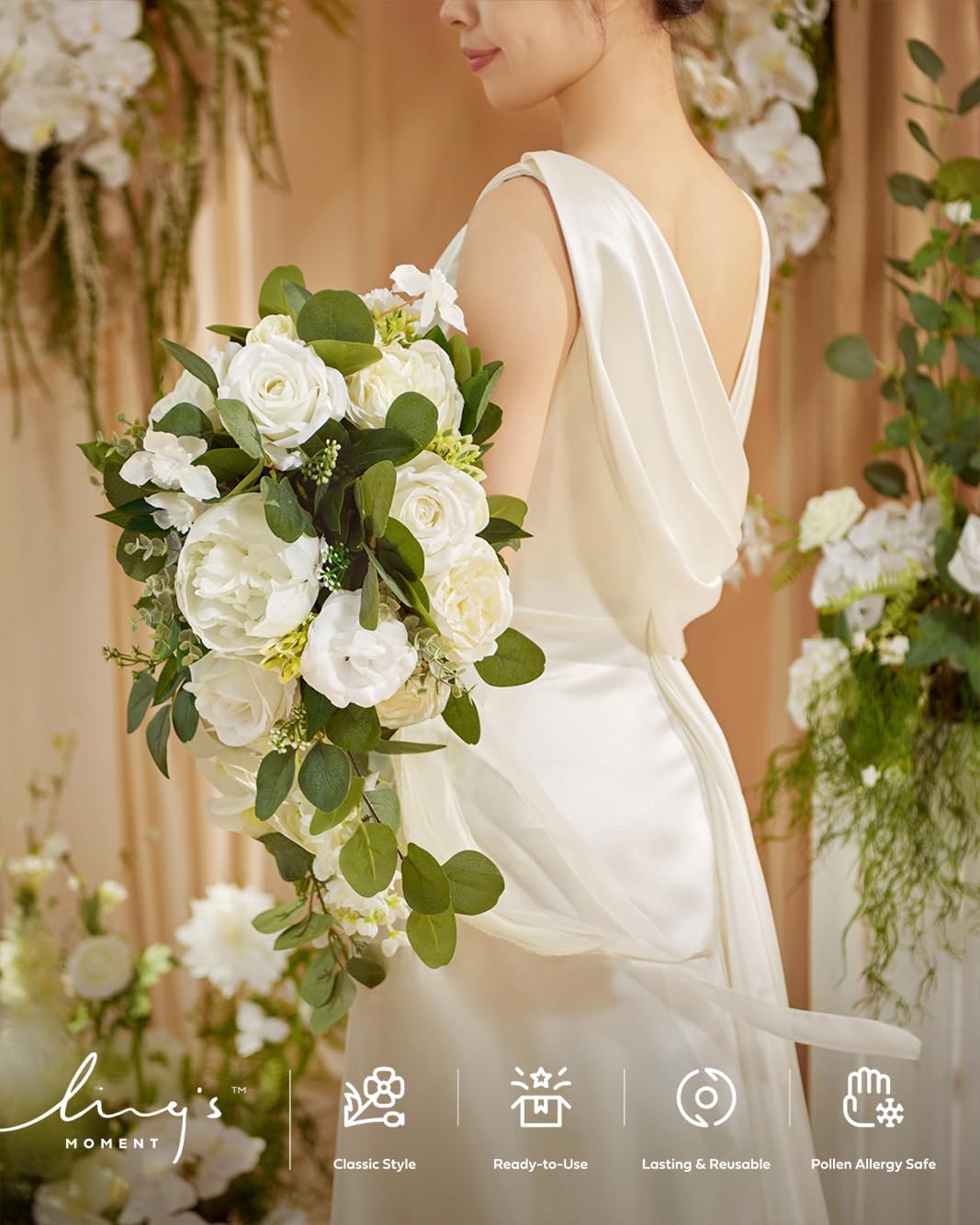 Ling's moment White Bridal Bouquet Cascading, White Wedding Bouquets for Bride, 13 Inch Ivory Bride