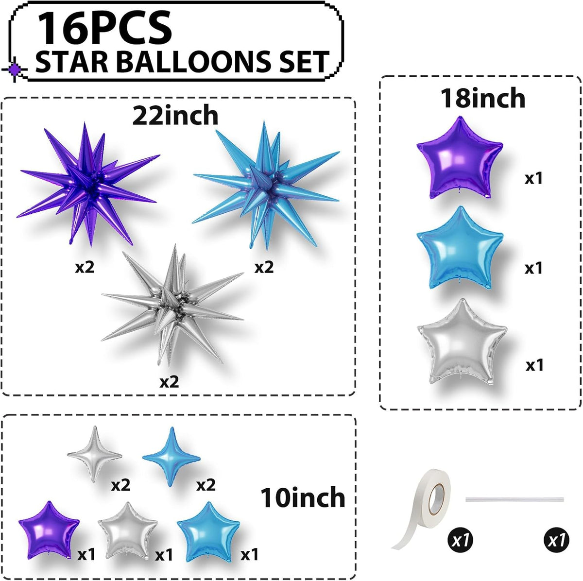 16 Pcs Blue Purple Silver Star Balloons, 22/18/10 Inch Foil Balloons, Four-Pointed Balloon for Boy