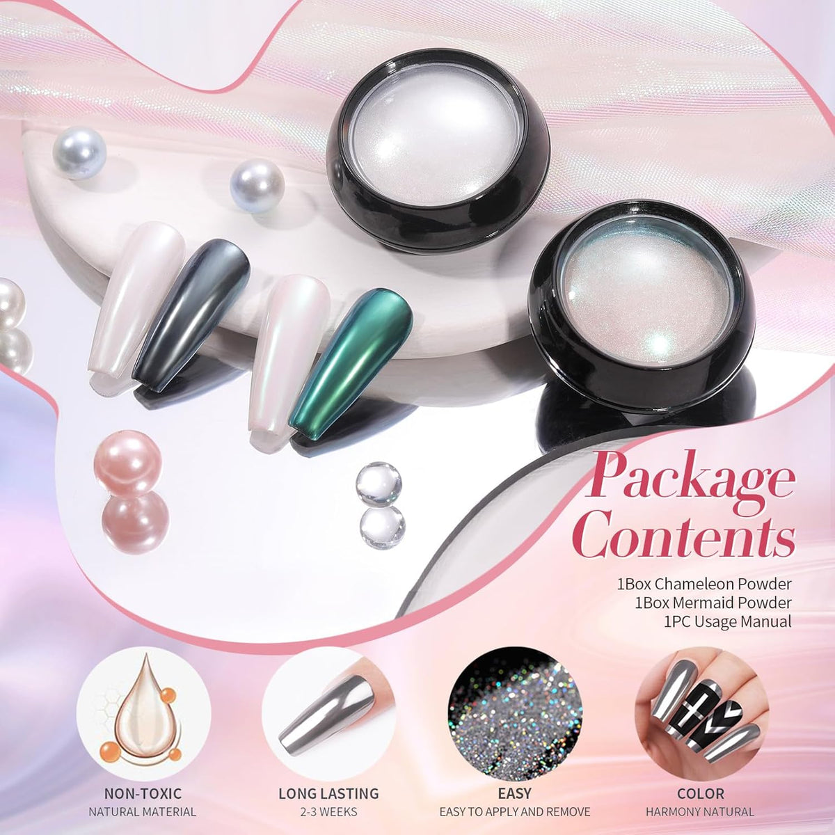 BORN PRETTY White Pearl Chrome Nail Powder And Chameleon Aurora Nail Powder Pigment Mermaid Pigment