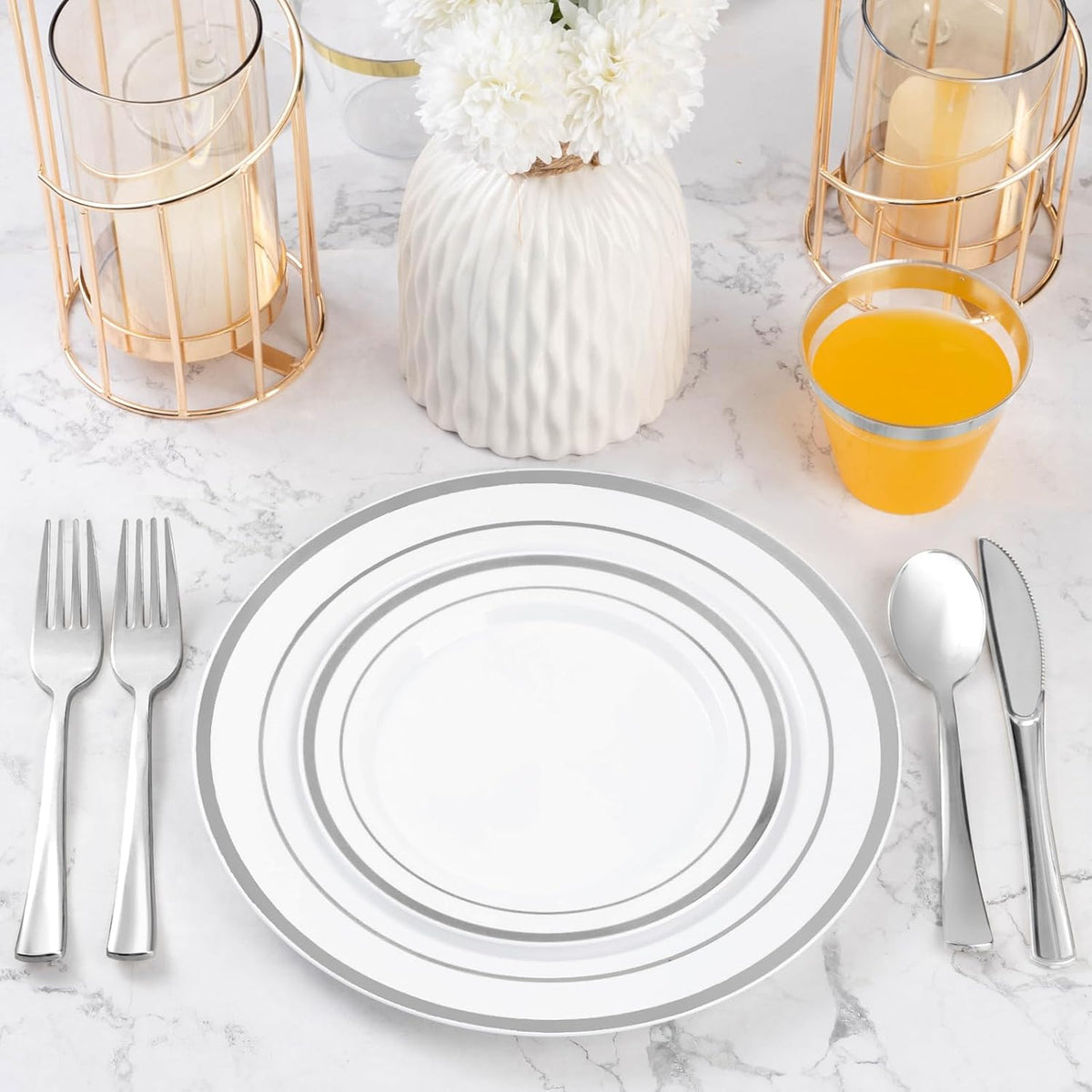 600PCS Silver Plastic Plate Set (100 Guests), Disposable Plates for Party Wedding Birthday