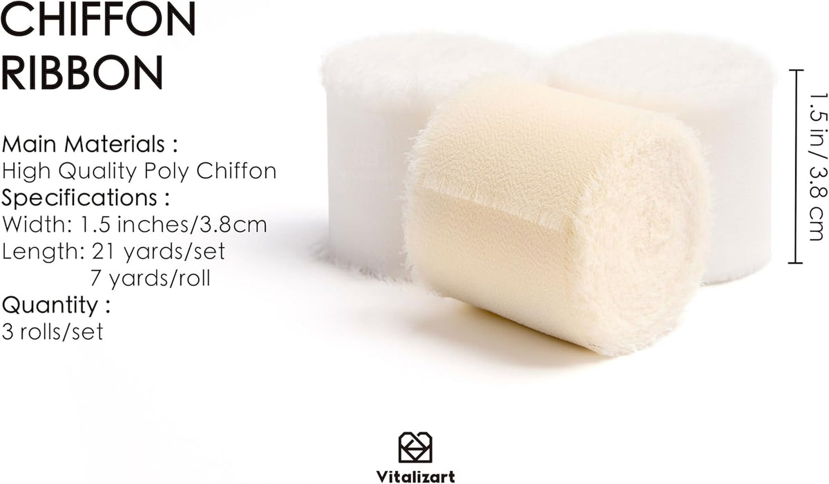 Vitalizart White Handmade Chiffon Silk Ribbon Fringe 1.5" x 21 Yd Frayed Edges Ribbons for Wedding