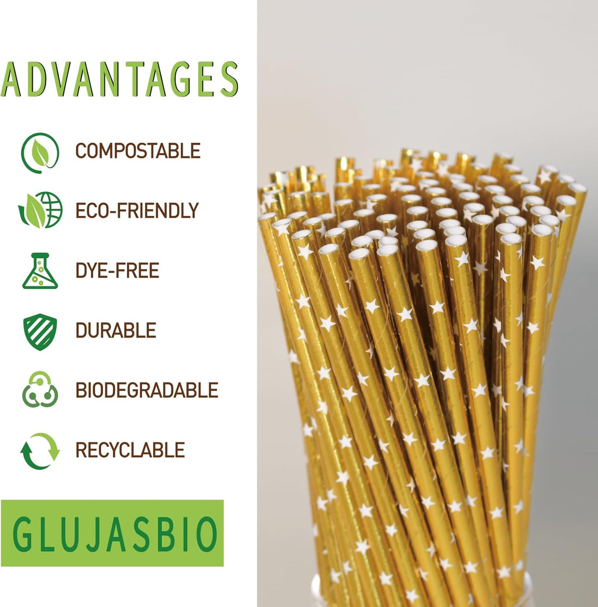Gold Drinking Straws - Disposable White Star Print Foil Gold Biodegradable Paper Straws, 7.75 Inch