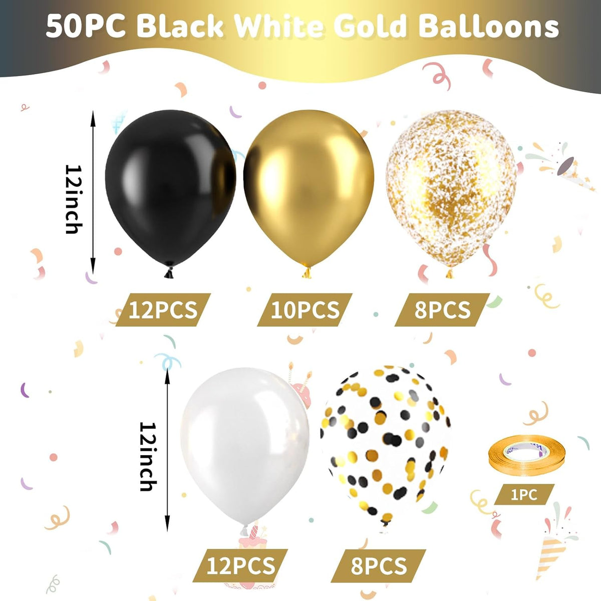 Black and Gold Balloons, Black White and Gold Balloon, Pearl White Black Gold Balloons, Black Gold
