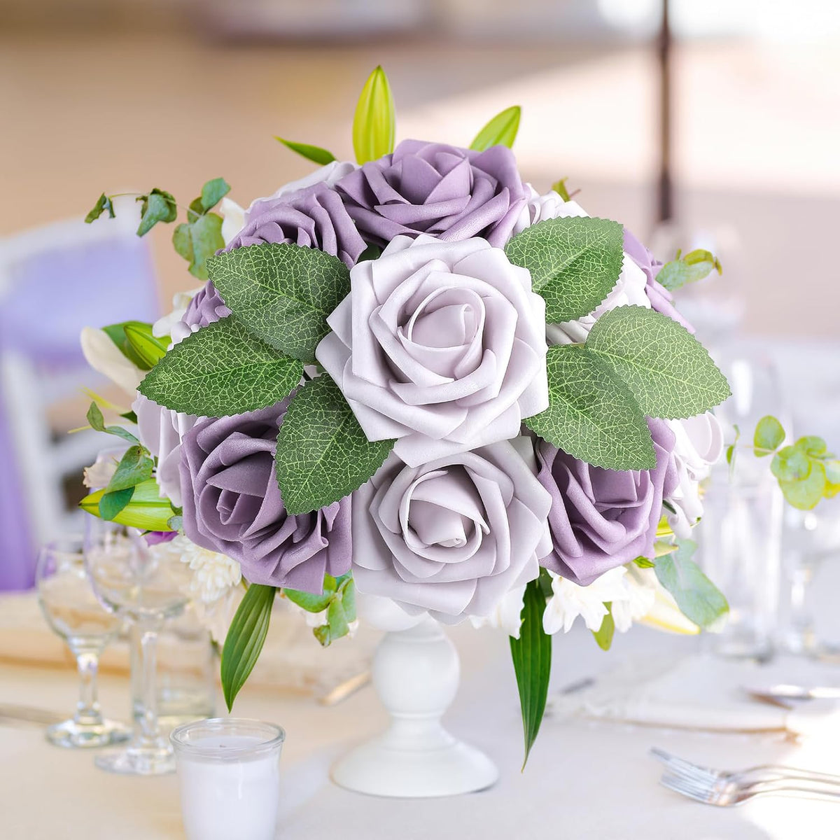 AmyHomie 25pcs Real Looking Artificial Pale Lavender Roses w/Stem for DIY Wedding Bouquets