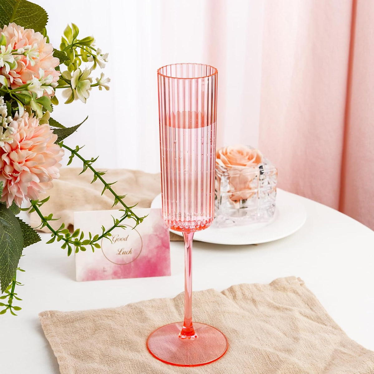 Ciaell 24 Pack Pink Plastic Champagne Flutes - 6oz Ribbed Disposable Champagne Glasses - Pink
