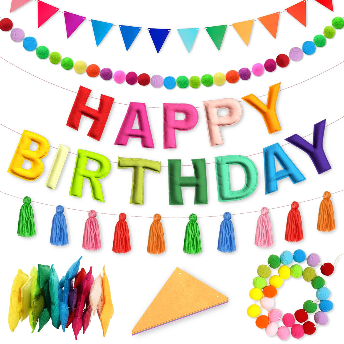 4PCS Pre-Strung Happy Birthday Banner - Felt Happy Birthday Garland, Ball Garland, Felt Pennant