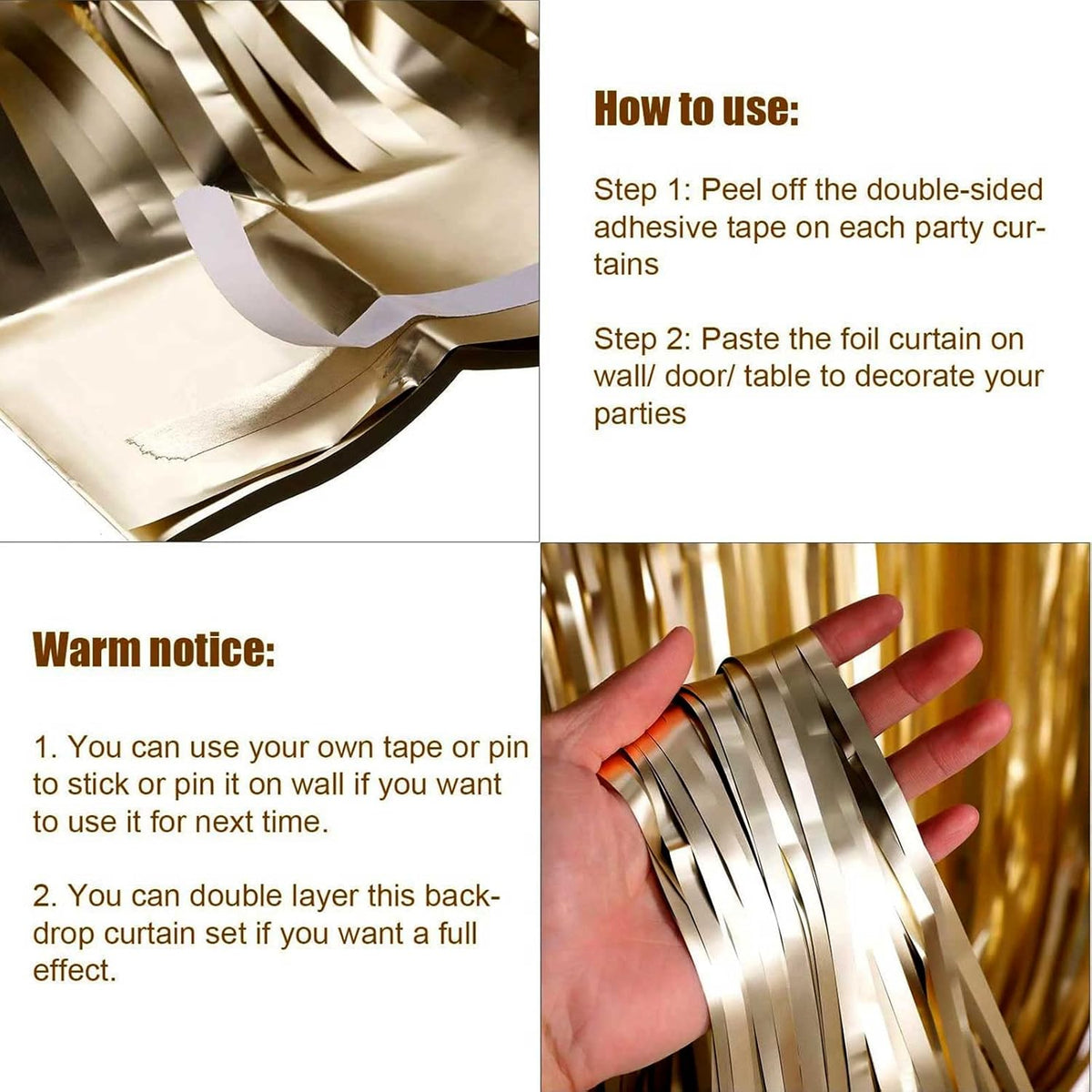 4 Pack Champagne Gold Foil Fringe Curtain Backdrop, 3.28Ft x 8.2Ft Metallic Tinsel Streamer