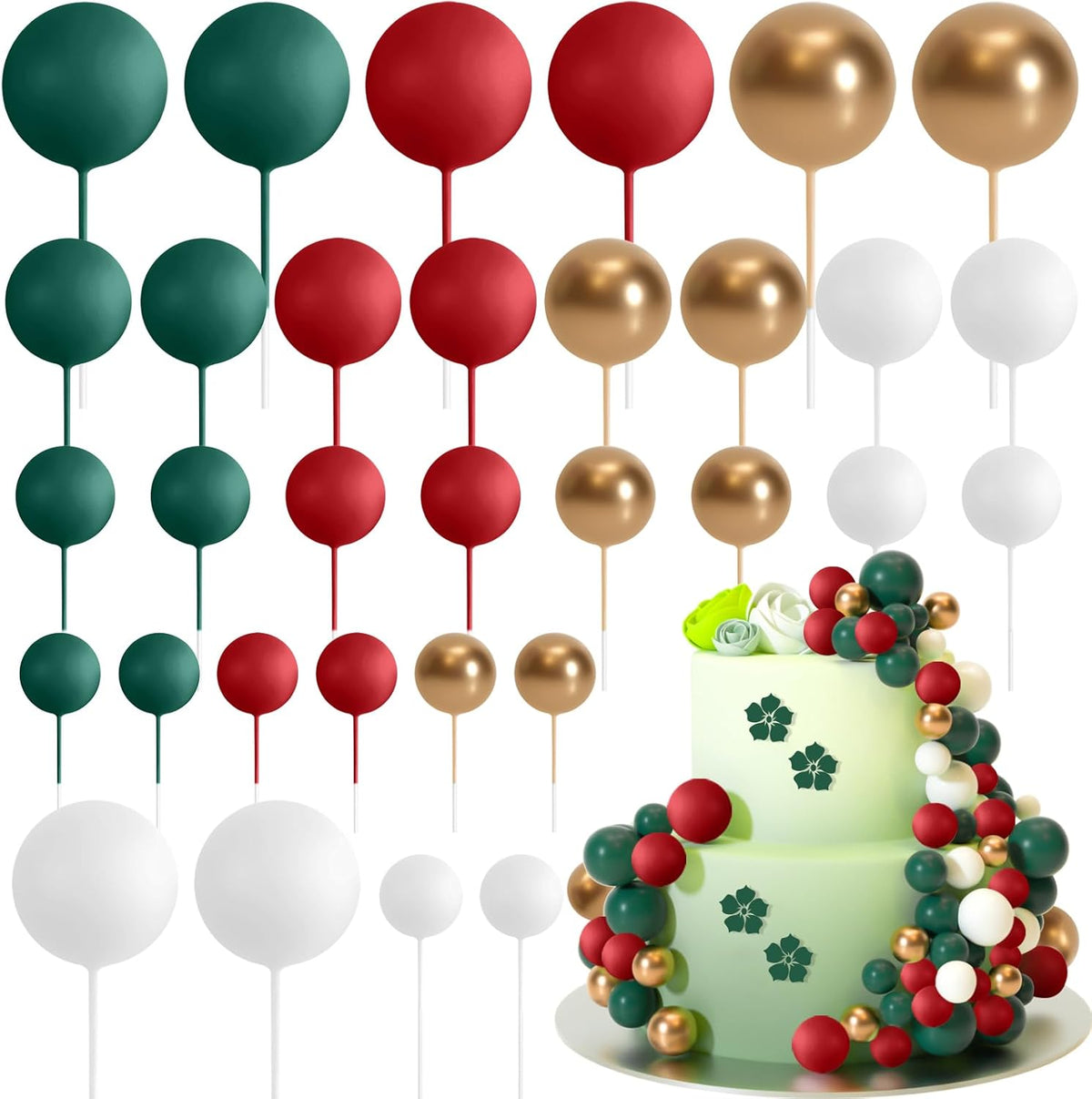 ASTARON 32 Pcs Ball Cake Topper Christmas Decorations Mini Balloons Sticks Foam Balls Cake Picks