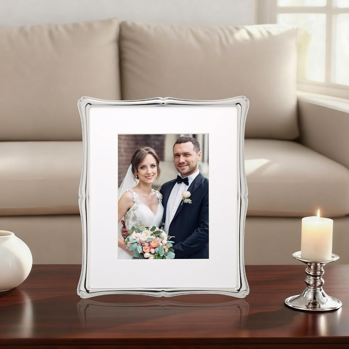 8 x 10'' Premium Alloy Silver Photo Frame with 5x7'' Mat - Luxury Hi End Display Picture Frames