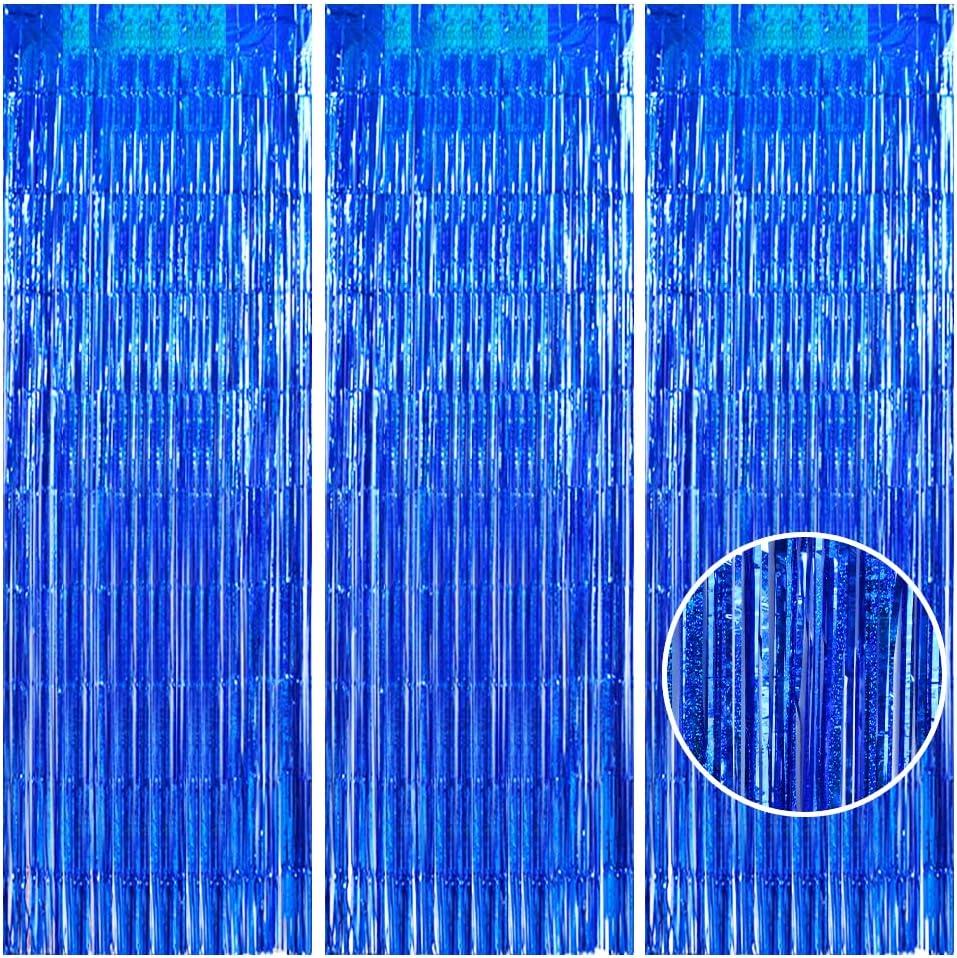 TONIFUL 3Pcs Laser Blue Door Streamers, Photo Booth Backdrop Metallic Streamers Foil Fringe