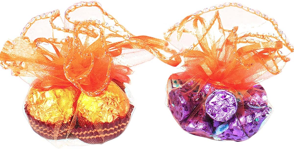 100Pcs Orange Round Organza Bags 9.8 Inch, Sheer Tulle Circles with Drawstring Halloween Candy