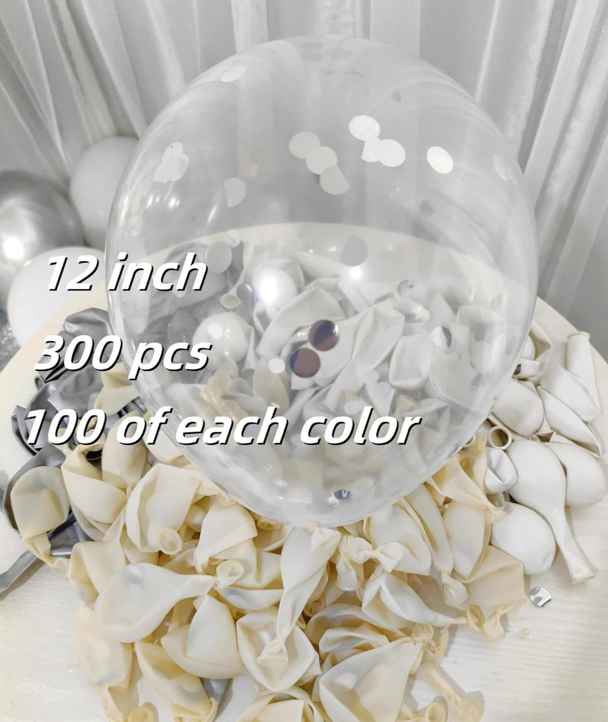 300 Pack White and Silver Balloons 12 Inch Silver Confetti Balloon for Various Party Events