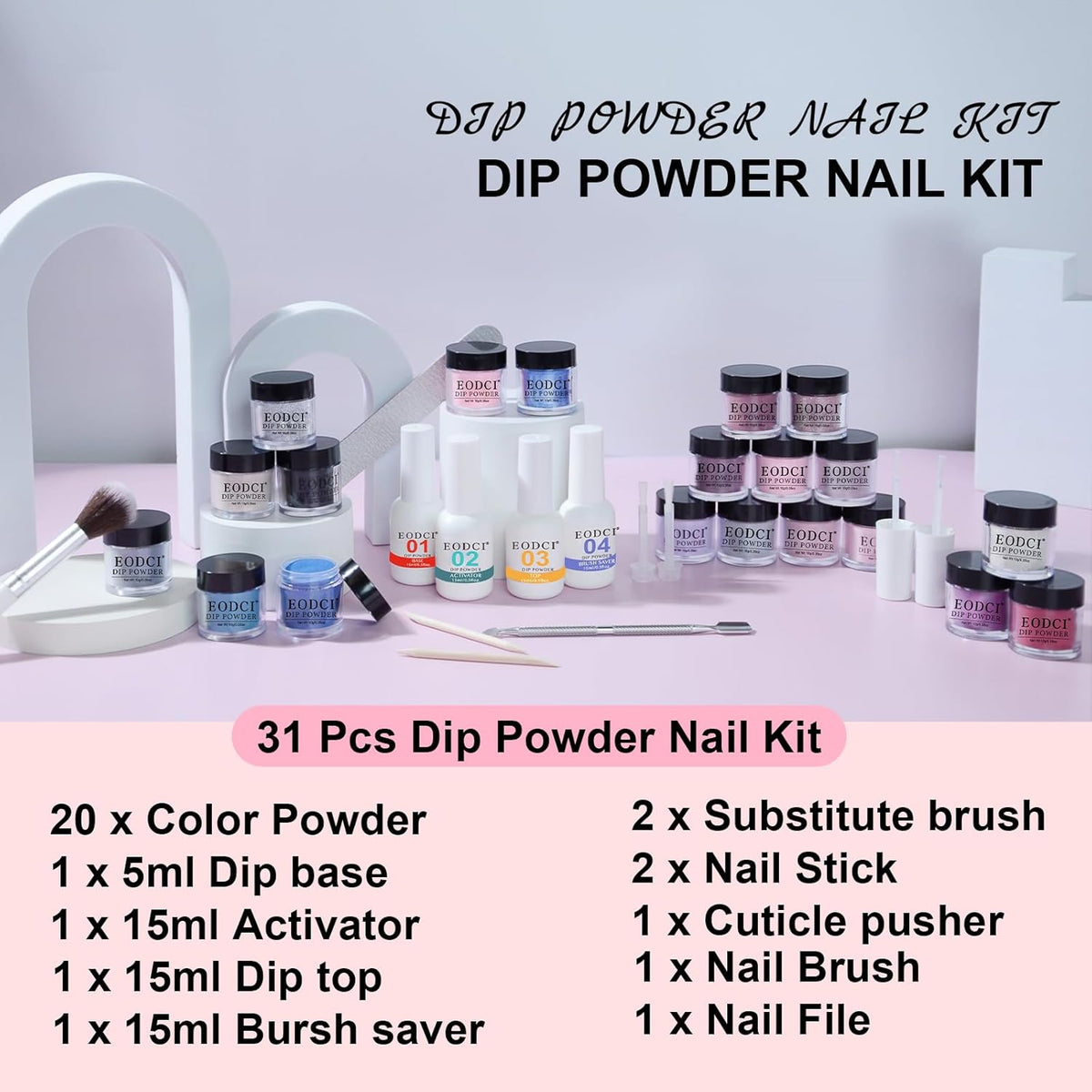 31 Pcs Dip Powder Nail Kit, 20 Colors Glitter Nude Pink Blue Gray Dip Powder Liquid Set with