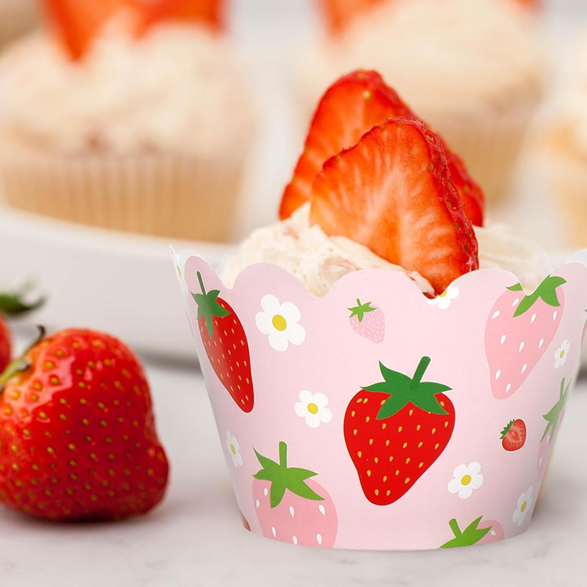 Whaline 36Pcs Strawberry Cupcake Wrappers Red Pink Strawberry Flower Cupcake Liners Decorative
