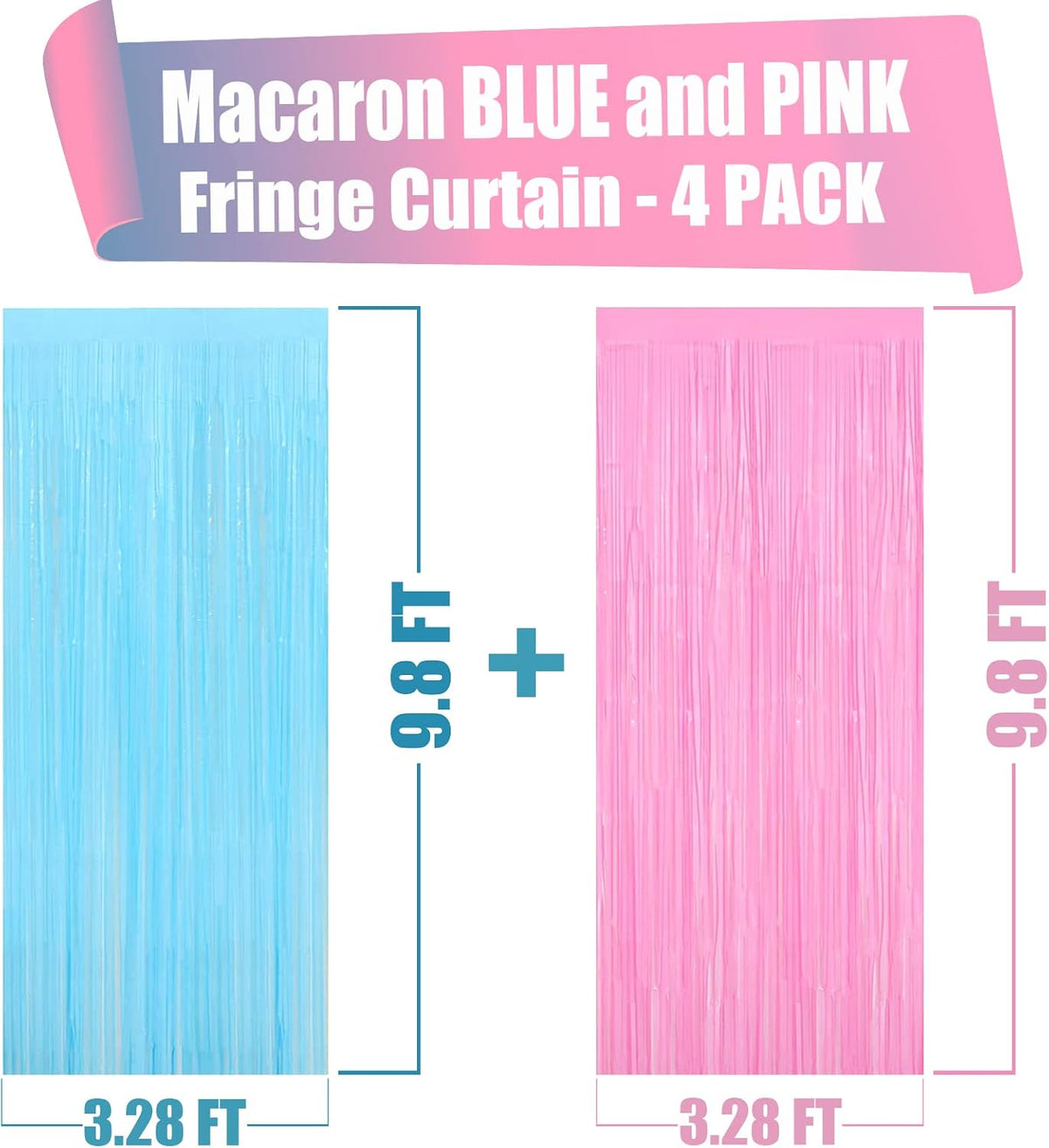 4 Pack Macaron Pink Blue Foil Fringe Curtain Backdrop, 3.28Ft x 9.8Ft Metallic Tinsel Foil Fringe