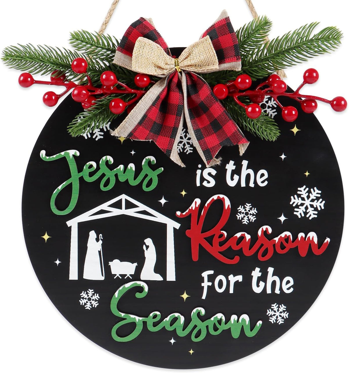 CHDITB Jesus is The Reason for The Season Front Door Sign Wreath(11.4"), Red Green Christmas