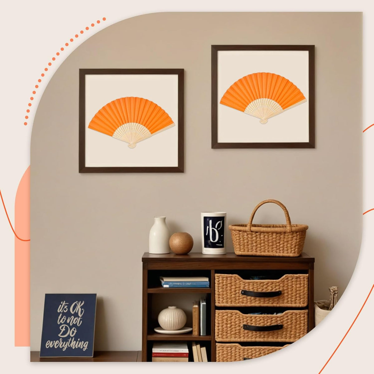 JOHOUSE 12 Packs Paper Folding Hand Fans, 8.3 Inch Orange Paper Fans Handheld Decorative