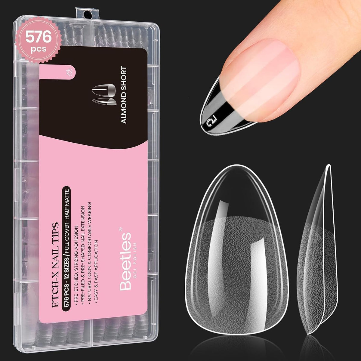 Beetles Gel Nail Tips 576Pcs Pre-shape Short Almond Etch-X Nail Tips,12 Sizes Soft Nail Tips Half