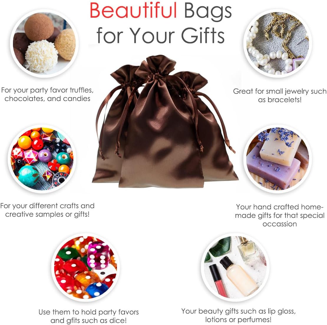 Knitial 5" x 8" Chocolate Brown Satin Gift Bags, Jewelry, Wedding Favor Drawstring Bags Baby Shower