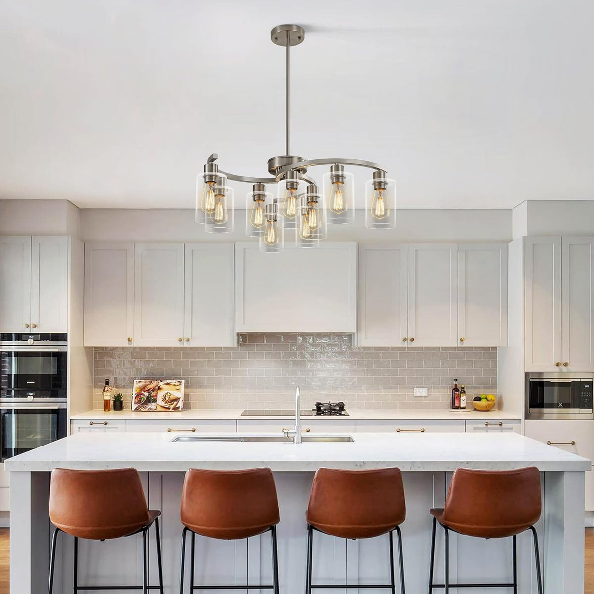 9-Light Brushed Nickel Glass Chandelier, Adjustable Height Hanging Industrial Dining Room