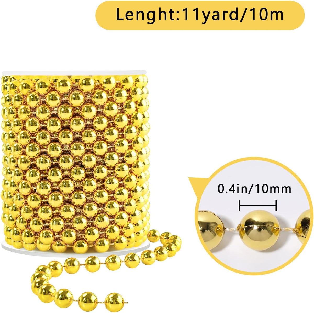 Faux Gold Pearl Bead Garland - 10mm Christmas Tree Beads 11 Yards Gold Pearl Strands Spool for