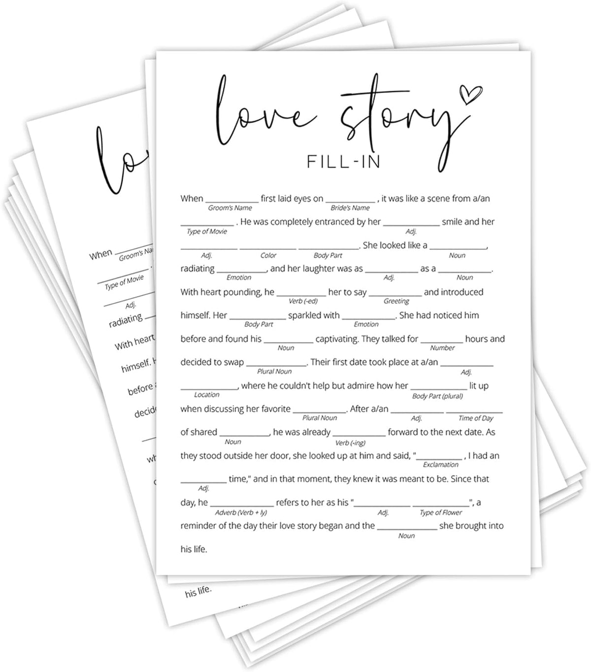 Bridal Shower Games, Love Story Fill-in, 25Pcs Minimalist White Double-Sided Bridal Game Cards