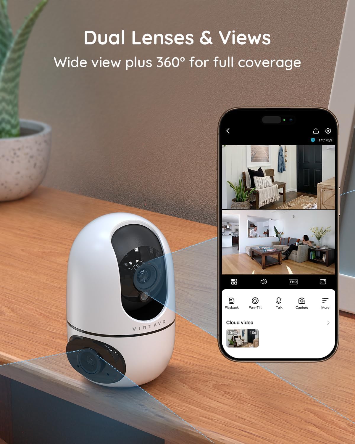 virtavo XD1 Indoor Security WiFi Camera, No Subscription Required, Dual-Lens 360° PTZ Baby Monitor