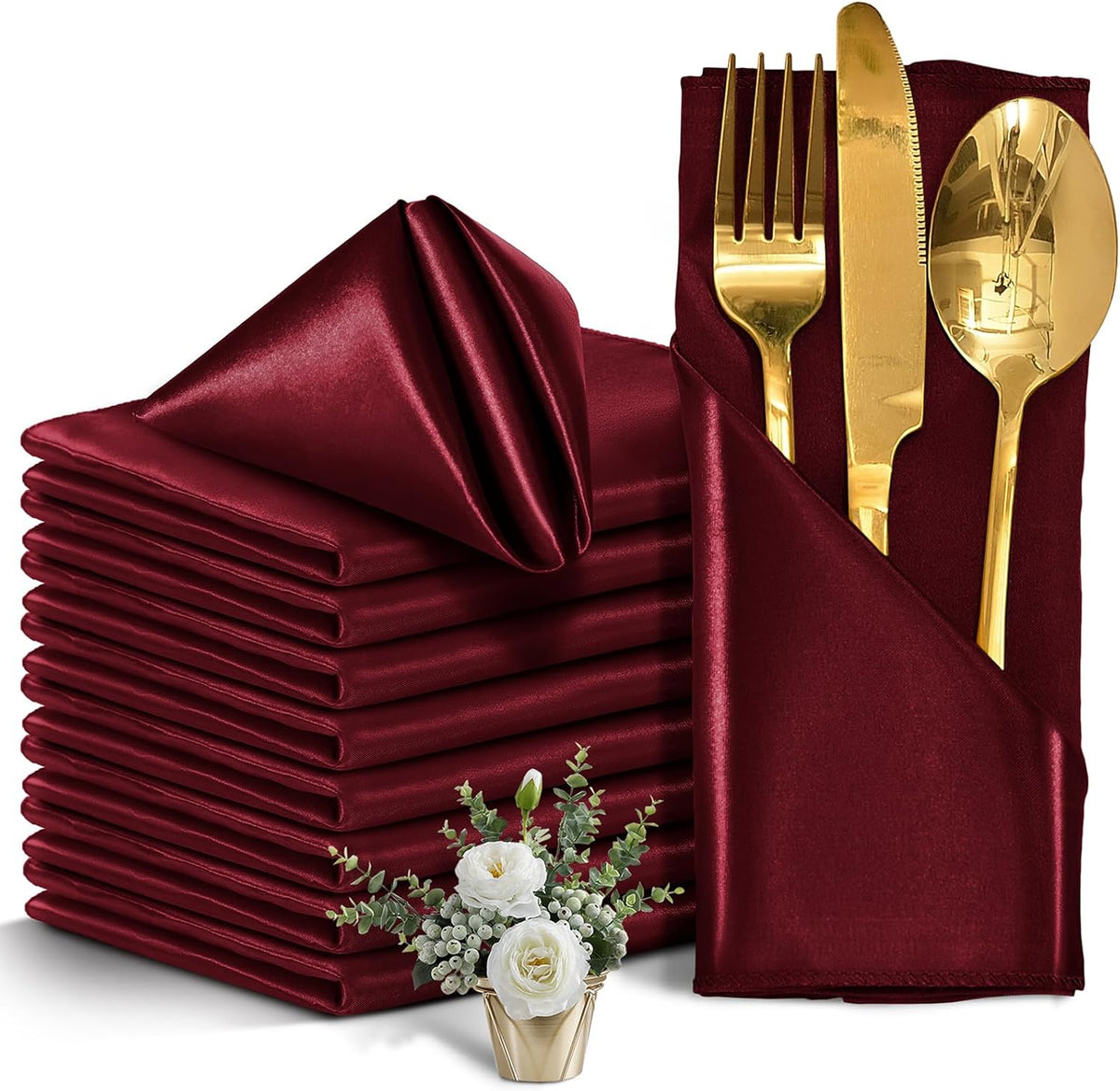 12 Pieces Burgundy Satin Napkins, 17" x 17" Square Table Napkins, Silky Soft Smooth Washable