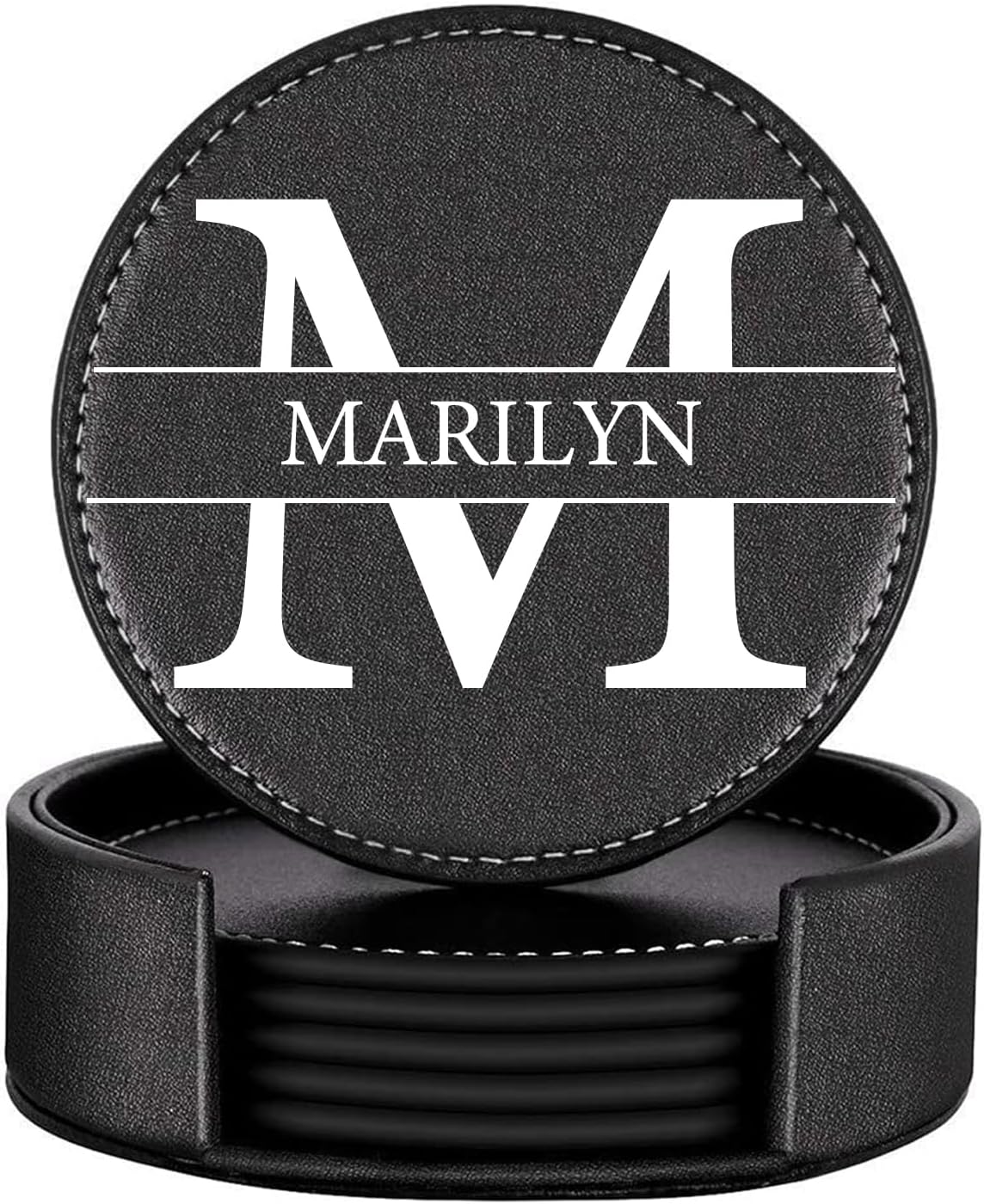 Custom Coasters Set of 6, Personalized Leather Coasters for Drinks with Holder, Customized Coasters